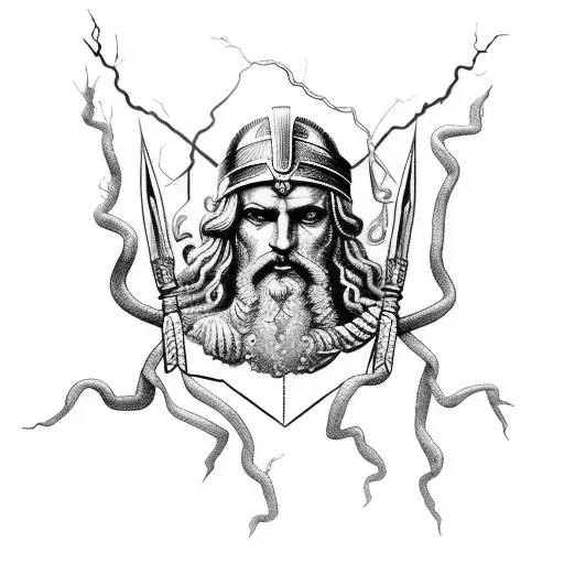 Zeus with lightning bolts and Greek mythology accessories tattoo design idea