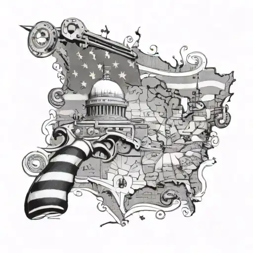 A detailed map of the United States with gun-shaped landmarks and American flag accents tattoo design idea