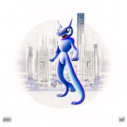 Mewtwo in a futuristic cityscape tattoo design idea