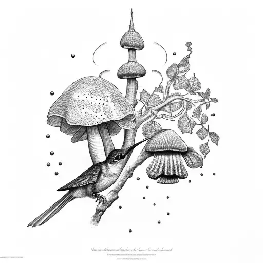 Hummingbird and Cardinal with a pecan tree and mushrooms at the bottom of the pecan tree tattoo design idea