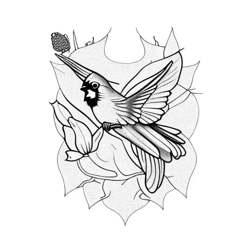 Cardinal and a Hummingbird with a pecan tree and mushrooms at the bottom of the pecan tree tattoo design idea