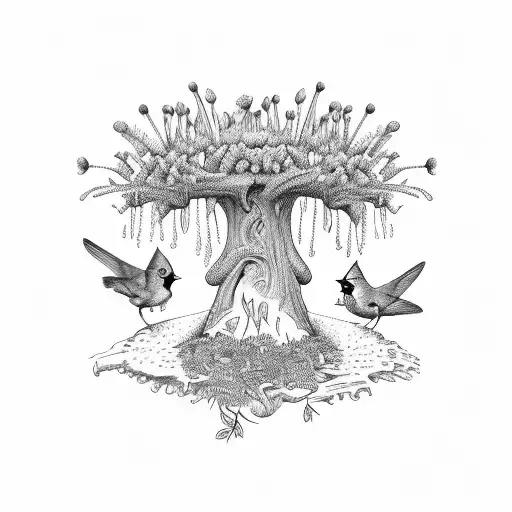 Cardinal and a Hummingbird with lavender and a mushrooms at the bottom of the pecan tree tattoo design idea