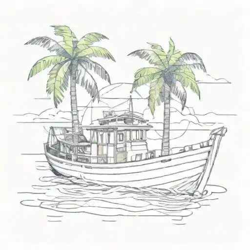Combine a tropical palm tree with a blueprint of a boat for a technical yet artistic design tattoo design idea