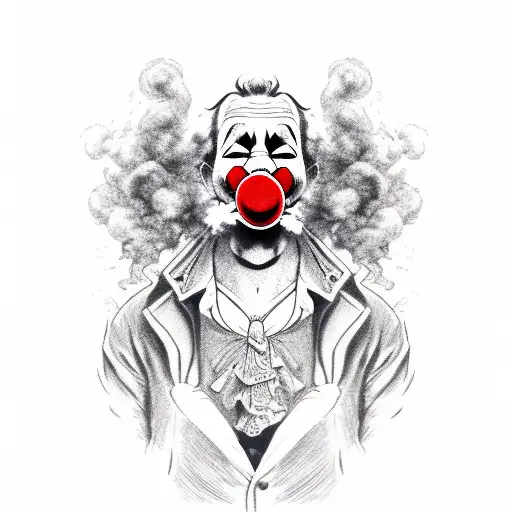 clown holding mask and smoke tattoo design idea