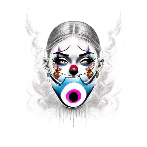 clown girl holding mask and smoke tattoo design idea