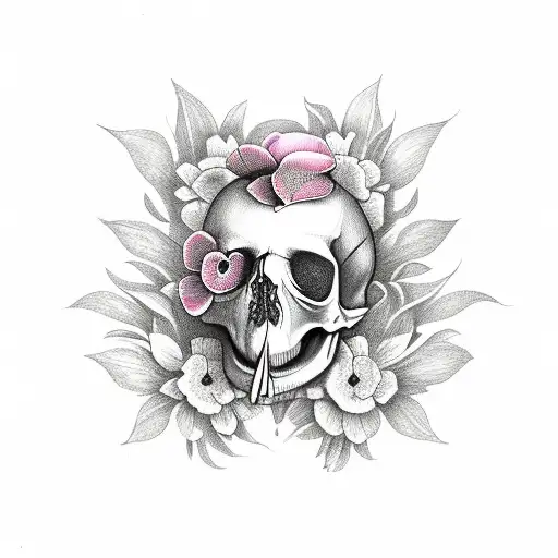 hummingbird with flowers, coffin nails carried in mouth and skull hidden in the flower design tattoo design idea