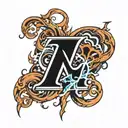 the letter N with thunder lightning tattoo design idea