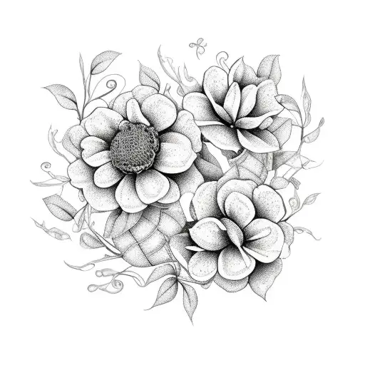 A bouquet of birth month flowers for March, April, and May intertwined with vines and leaves tattoo design idea