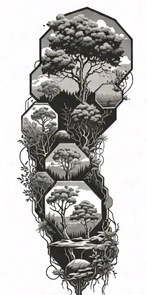 trees at the bottom growing into sky of hexagons with plants growing through them tattoo design idea