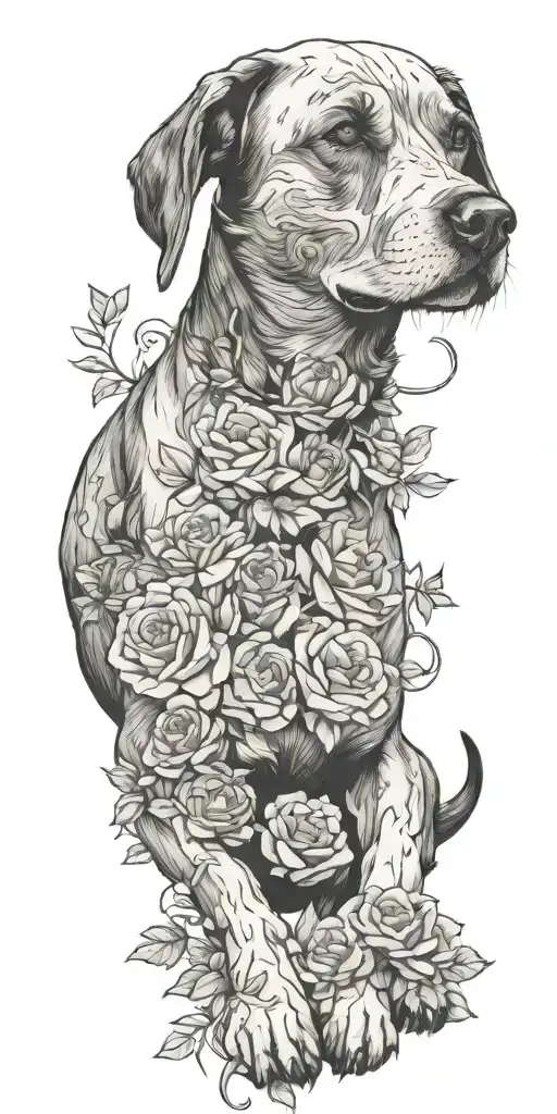 a dog playing in a field of roses intertwined tattoo design idea