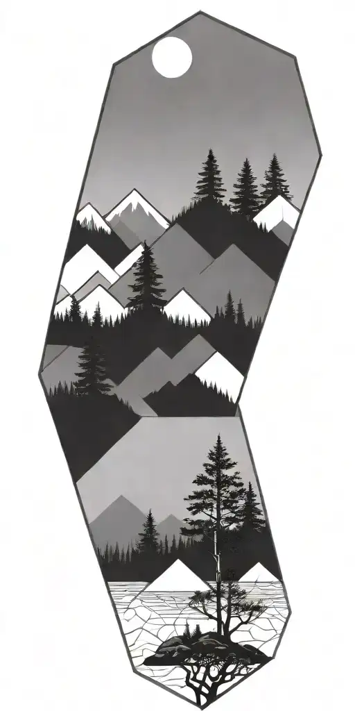 geometic shapes and hexagons with mounaints and trees tattoo design idea