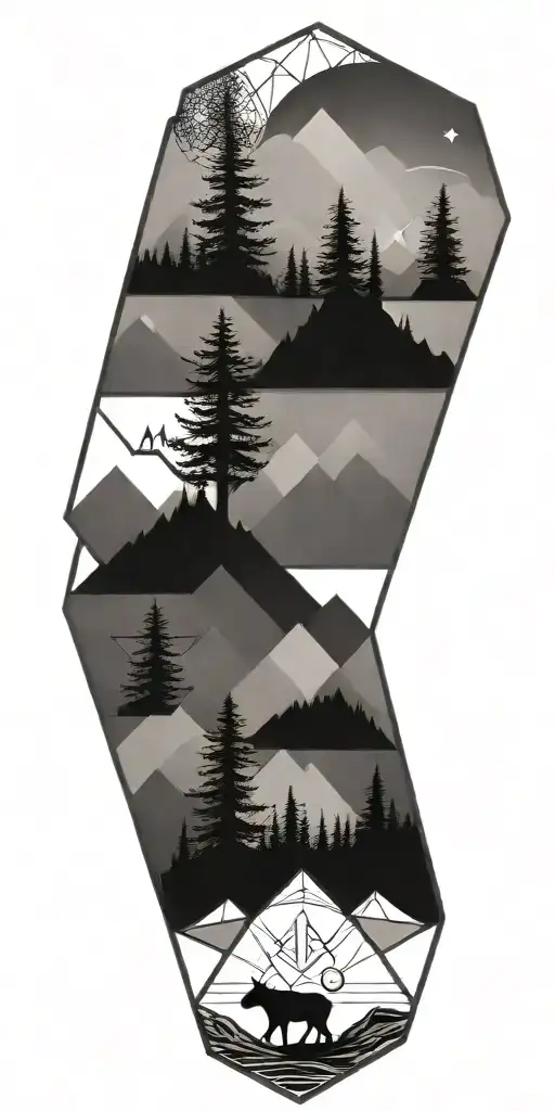 geometic shapes and hexagons with mounaints and trees tattoo design idea