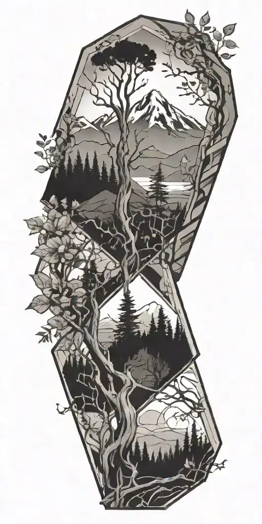 geometric hexagon intertwined with viney plants, tree  and mountains tattoo design idea