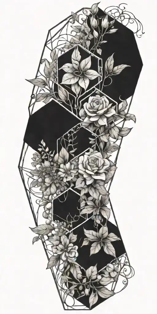 geometric hexagon intertwined with viney plants growing tattoo design idea