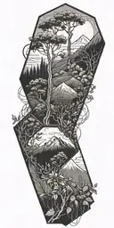 geometric hexagon intertwined with viney plants, tree  and mountains tattoo design idea