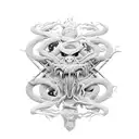 Create a minimalistic, abstract representation of a monstrous creature with multiple arms playing various musical instruments. Use minimal lines and shapes to depict the arms and instruments in a dynamic and energetic composition. tattoo design idea