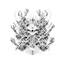 Create a minimalistic, abstract representation of a monstrous creature with multiple arms playing various musical instruments. Use minimal lines and shapes to depict the arms and instruments in a dynamic and energetic composition. tattoo design idea