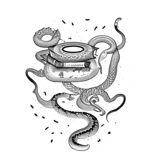 A wine glass overflowing with books, snakes crawling out from the pages, and lilies and pomegranates scattered around tattoo design idea
