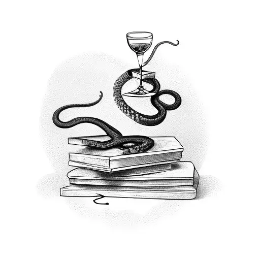 A snake coiled around a stack of books, with a wine glass balanced on top tattoo design idea