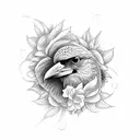 crow with flowers thin lines light shading tattoo design idea