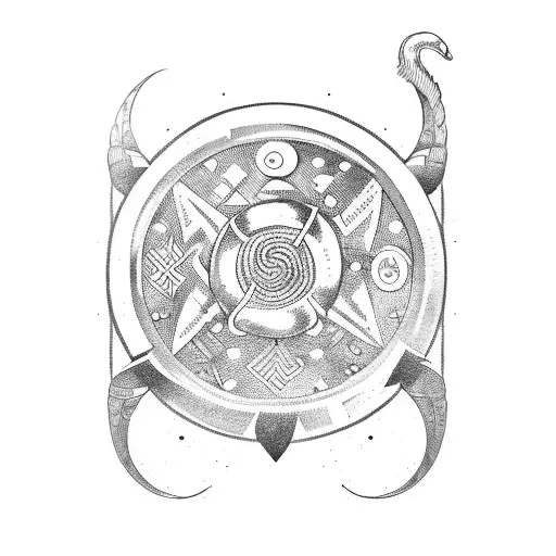 A Viking warrior with a zodiac wheel shield, surrounded by astrological symbols tattoo design idea