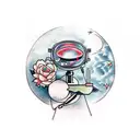 A surgical tech performing a moon surgery on a flower-filled operating table tattoo design idea