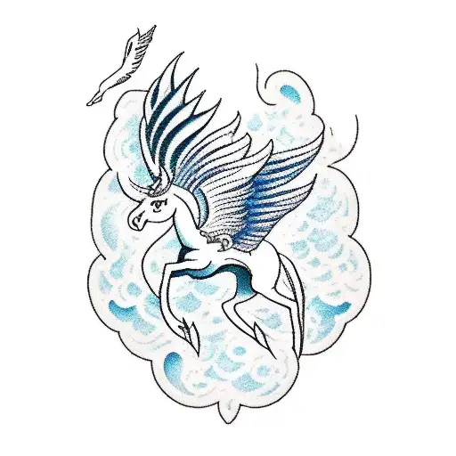 A traditional style tattoo of a majestic Pegasus flying over a serene ocean scene, with David and Canyon's birthdates incorporated in a banner below tattoo design idea