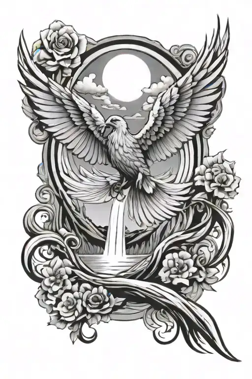 sunny skies waterfall phoenix bird cross tattoo design idea