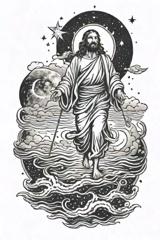 A celestial Jesus walking on water under a starlit sky, blending themes of spirituality and space tattoo design idea