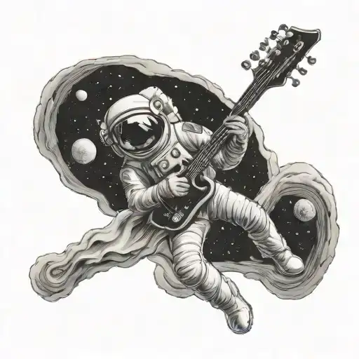 An astronaut playing a guitar on a distant planet tattoo design idea