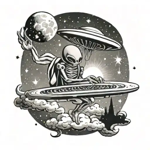 A UFO abducting a music-loving alien in a starry sky tattoo design idea