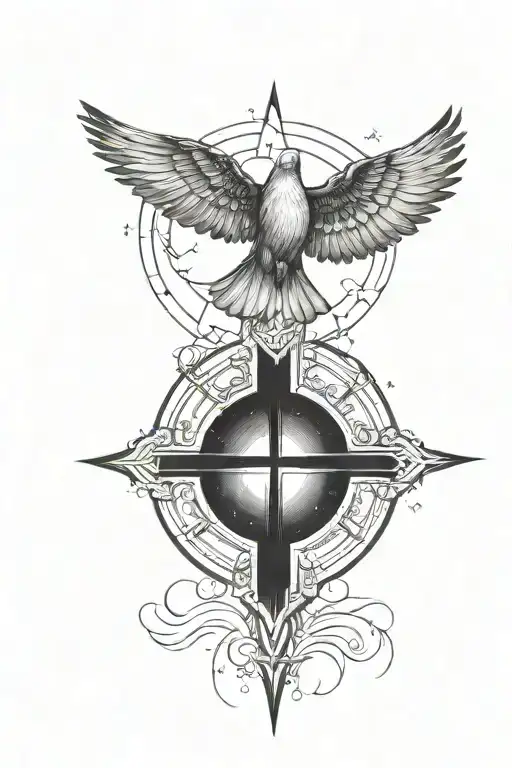 A space-themed tattoo with a dove representing peace flying towards a glowing cross tattoo design idea