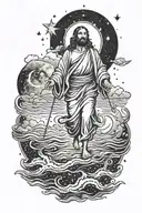 A celestial Jesus walking on water under a starlit sky, blending themes of spirituality and space tattoo design idea