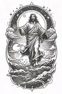 A celestial Jesus walking on water under a starlit sky, blending themes of spirituality and space tattoo design idea