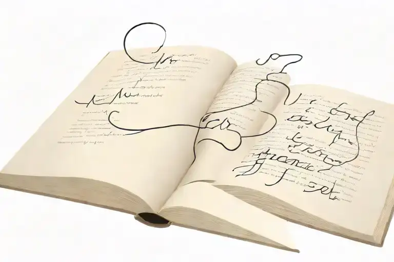 A minimalist tattoo design of an open book with poetry verses flowing out, representing a love for poems and truth tattoo design idea