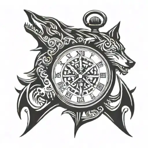 anchor wolf compas pocket watch black tattoo design idea