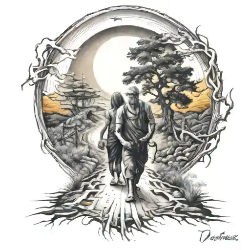 A guy who goes with his wife and son from the darkness to the sun, on a very difficult road, where at the end of the roa tattoo design idea