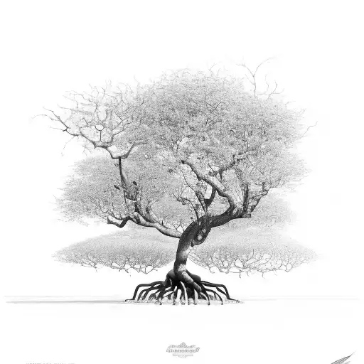 Brazilian  Florianpolis fig tree with large exposed roots and long branches with lots of foliage  tattoo design idea