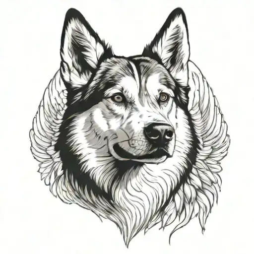 A realistic portrait of a husky with angel wings, symbolizing your beloved dog watching over you tattoo design idea