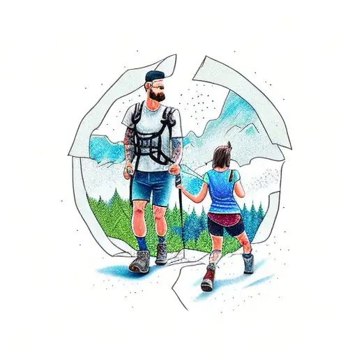 A tattoo design of a father and daughter hiking in the Blue Ridge Mountains tattoo design idea