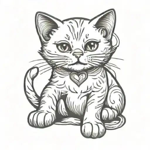 outline of a cat sitting with paw reached up and a heart on its chest. outline only tattoo design idea