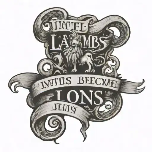 "until lambs become lions" written in a medieval font inside of a scroll black and white  tattoo design idea