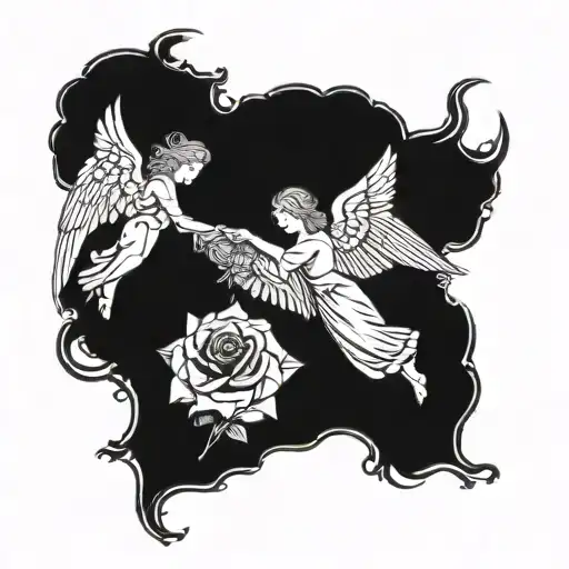 two angels parrelll to eachother with wings spread out looking over a rose  tattoo design idea
