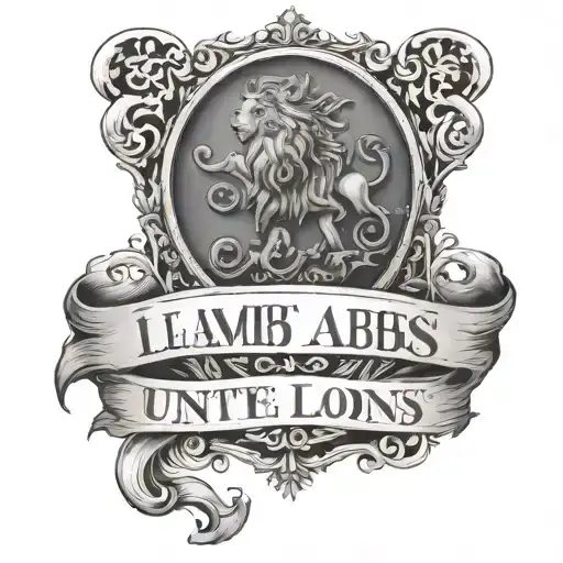 "until lambs become lions" written in a medieval font inside of a scroll black and white  tattoo design idea