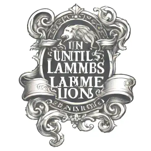 "until lambs become lions" written in a medieval font inside of a scroll black and white  tattoo design idea