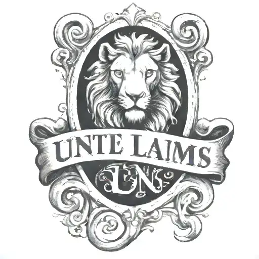 "until lambs become lions" written in a medieval font inside of a scroll black and white  tattoo design idea