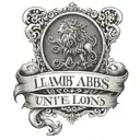 "until lambs become lions" written in a medieval font inside of a scroll black and white  tattoo design idea