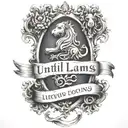 "until lambs become lions" written in a medieval font inside of a scroll black and white  tattoo design idea