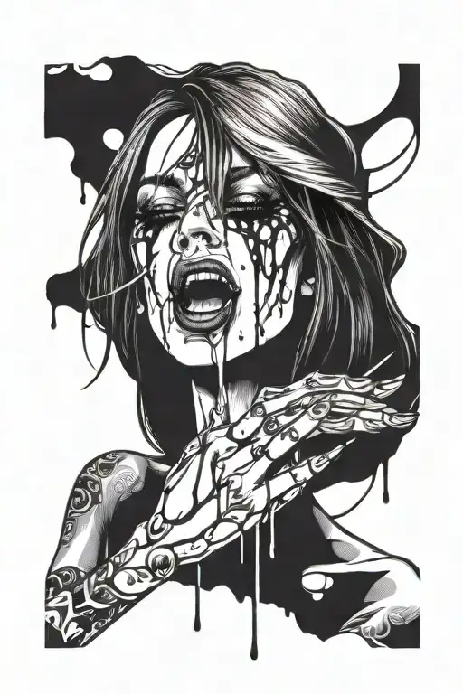 gothic female, poson dripping from mouth with tongue poking between split fingers tattoo design idea