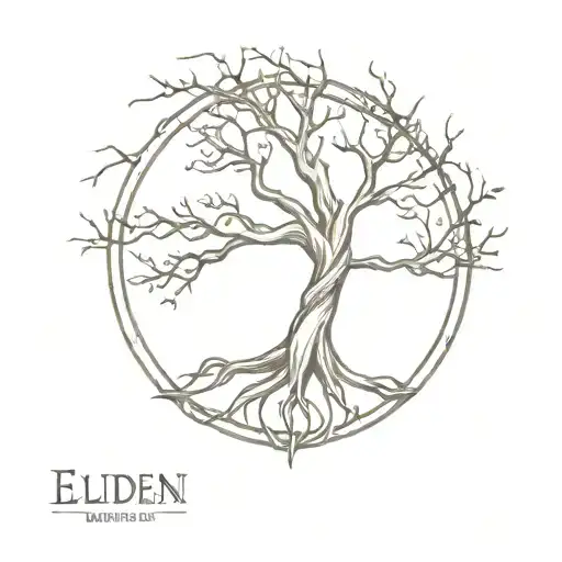 Combine the Elden Ring logo with a minimalist tree design tattoo design idea